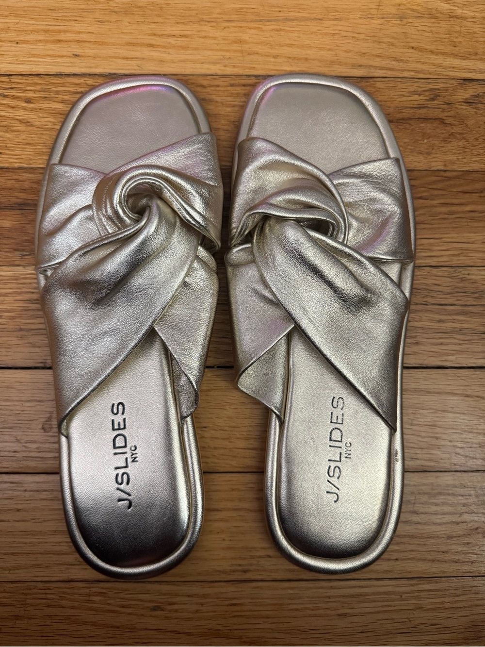 J/SLIDES Metallic Gold Knot Slide Sandals with Twisted Upper